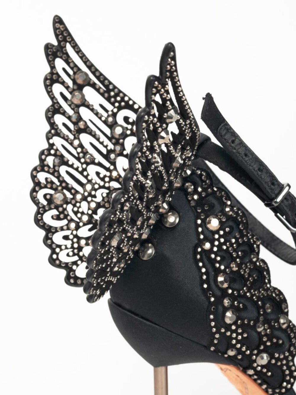 Sophia Webster Evangeline "Black" Crystal-Embellished Satin Sandals - Picture 9 of 10